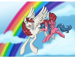 Size: 792x612 | Tagged: safe, artist:himanuts, firefly, oc, oc:fausticorn, alicorn, pony, g1, g4, cloud, cloudy, flying, lauren faust, rainbow