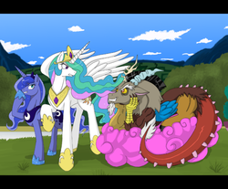 Size: 765x634 | Tagged: safe, artist:himanuts, discord, princess celestia, princess luna, alicorn, draconequus, pony, g4, cloud, cotton candy, cotton candy cloud, female, food, male