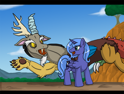 Size: 800x608 | Tagged: safe, artist:himanuts, discord, princess luna, pony, g4, cute, filly, foal, s1 luna, woona