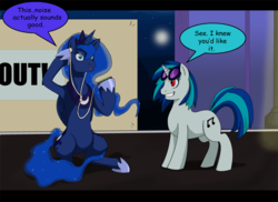 Size: 800x581 | Tagged: safe, artist:himanuts, dj pon-3, princess luna, vinyl scratch, alicorn, pony, unicorn, g4, duo, duo female, earbuds, female, horn, mare