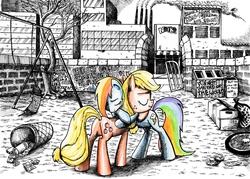 Size: 4907x3515 | Tagged: safe, artist:smellslikebeer, applejack, rainbow dash, earth pony, pegasus, pony, g4, abandoned, black and white, bygone civilization, crosshatch, duo, earth, eyes closed, female, grayscale, hug, implied apocalypse, ink, mare, monochrome, neo noir, partial color, traditional art