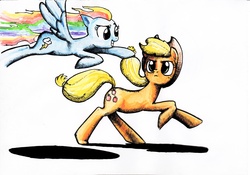 Size: 4952x3464 | Tagged: safe, artist:smellslikebeer, applejack, rainbow dash, earth pony, pegasus, pony, g4, applejack's hat, cowboy hat, female, flying, grin, hat, ink, looking at each other, mare, race, running, simple background, smiling, spread wings, traditional art, white background, windswept mane, wings