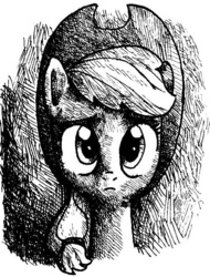 Size: 596x783 | Tagged: safe, artist:smellslikebeer, applejack, earth pony, pony, g4, black and white, bust, crosshatch, female, grayscale, ink, looking at you, monochrome, portrait, solo, traditional art