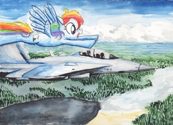 Size: 4943x3562 | Tagged: safe, artist:smellslikebeer, rainbow dash, human, g4, aircraft, f/a-18 hornet, female, fighter, flying, jet, jet fighter, open mouth, painting, plane, profile, racing, smiling, solo, spread wings, traditional art