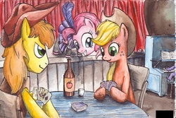 Size: 1337x894 | Tagged: safe, artist:smellslikebeer, applejack, braeburn, pinkie pie, spike, dragon, earth pony, pony, g4, card, clothes, dress, hoof hold, ink, playing card, saloon dress, saloon pinkie, traditional art