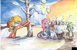 Size: 1346x891 | Tagged: safe, artist:smellslikebeer, applejack, pinkie pie, rainbow dash, spike, dragon, earth pony, pegasus, pony, g4, ambush, female, prank, snow, traditional art, winter