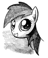 Size: 1489x1828 | Tagged: safe, artist:smellslikebeer, rainbow dash, pony, g4, black and white, bust, crosshatch, female, grayscale, ink, looking at you, monochrome, open mouth, portrait, smiling, solo, traditional art