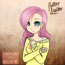 Size: 600x600 | Tagged: safe, artist:xarakayx, fluttershy, human, ask flutterstalker, g4, bra strap, clothes, humanized, off shoulder, solo, sweater, sweatershy