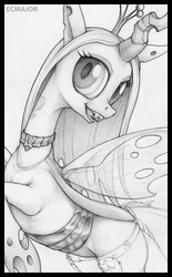 Size: 389x628 | Tagged: safe, artist:ecmajor, queen chrysalis, changeling, changeling queen, g4, clothes, cropped, crown, fangs, female, flying, jewelry, looking at you, open mouth, pencil drawing, regalia, signature, smiling, solo, traditional art, transparent flesh