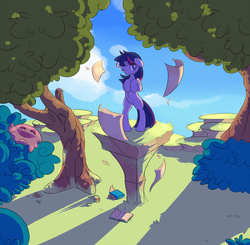 Size: 1567x1536 | Tagged: safe, artist:haute-claire, twilight sparkle, pony, unicorn, g4, bipedal, book, female, forest, horn, paper, slime, solo, tree, wind