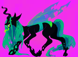 Size: 729x536 | Tagged: safe, artist:terribleclaw, queen chrysalis, changeling, changeling queen, g4, fangs, female, purple background, quadrupedal, simple background, solo, tongue out