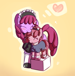 Size: 768x778 | Tagged: safe, artist:haute-claire, berry punch, berryshine, ruby pinch, earth pony, pony, unicorn, g4, berrybetes, clothes, cute, female, maid, mother and child, mother and daughter, pinchybetes, thud