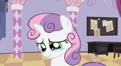 Size: 634x344 | Tagged: safe, screencap, sweetie belle, pony, unicorn, g4, season 2, sisterhooves social, crying, filly, green eyes, looking down, nose wrinkle, pink hair, pink mane, purple hair, purple mane, sad, scrunchy face, solo, two toned hair, two toned mane, white coat, white fur, white pony