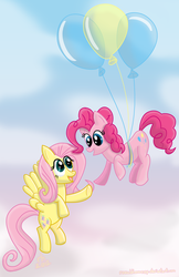 Size: 3300x5100 | Tagged: safe, artist:ronaldhennessy, fluttershy, pinkie pie, pony, g4, balloon, cloud, cloudy, female, lesbian, mare, ship:flutterpie, shipping, then watch her balloons lift her up to the sky