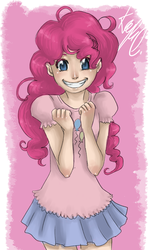 Size: 900x1500 | Tagged: safe, artist:mistix, pinkie pie, human, g4, clothes, female, humanized, light skin, skirt, smiling, solo