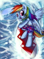 Size: 1024x1368 | Tagged: safe, artist:cat-cly, rainbow dash, pony, g4, bipedal, clothes, female, mare, solo, surfboard, surfing, swimming trunks, swimsuit, topless