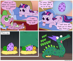 Size: 850x709 | Tagged: safe, artist:fadri, crackle, spike, twilight sparkle, dragon, pony, unicorn, comic:and that's how equestria was made, dragon quest, g4, comic, egg, spike's mother, unicorn twilight