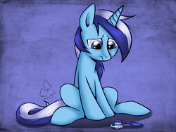 Size: 1024x768 | Tagged: safe, artist:cat-cly, minuette, pony, unicorn, g4, female, mare, sad, sitting, solo, toothbrush, toothpaste