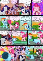 Size: 850x1205 | Tagged: safe, artist:fadri, pinkie pie, rainbow dash, rarity, spike, twilight sparkle, dragon, earth pony, pegasus, pony, unicorn, comic:and that's how equestria was made, g4, backfire, comic, eyes closed, female, laughing, magic fail, male, mare, party cannon, sitting, the flank anomaly, wide eyes