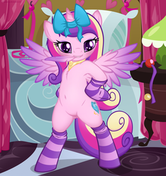 Size: 3000x3179 | Tagged: dead source, safe, artist:illuminatiums, princess cadance, pony, semi-anthro, g4, arm hooves, ballgag, bed, belly button, bipedal, bow, chest fluff, clothes, feather, female, gag, high res, mouth hold, pillow, socks, solo, striped socks