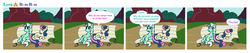 Size: 1677x357 | Tagged: safe, artist:botchan-mlp, bon bon, lyra heartstrings, sweetie drops, earth pony, pony, unicorn, g4, bench, comic, duo, mare of a thousand voices, sitting, sitting lyra, touché, voice