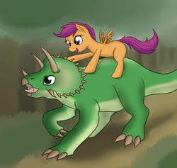 Size: 1000x949 | Tagged: safe, artist:mochasketch, scootaloo, dinosaur, pegasus, pony, triceratops, g4, female, filly, foal, ponies riding dinosaurs, riding