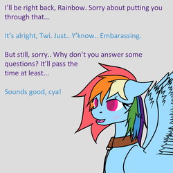 Size: 900x900 | Tagged: dead source, safe, rainbow dash, twilight sparkle, g4, askblinddash, blind, blushing, collar, female, leash, wingboner