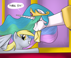 Size: 1280x1046 | Tagged: safe, artist:cat-cly, derpy hooves, princess celestia, alicorn, pegasus, pony, g4, duo, duo female, female, letter, mare