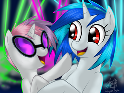 Size: 1024x768 | Tagged: safe, artist:cat-cly, dj pon-3, sweetie belle, vinyl scratch, pony, g4, duo