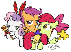 Size: 784x576 | Tagged: safe, artist:arudon, apple bloom, scootaloo, sweetie belle, g4, banjo kazooie, clothes, cutie mark crusaders, feather in hair, filly, pants, parody, puzzle piece, rare, rareware, skull, staff
