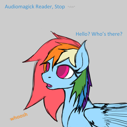 Size: 900x900 | Tagged: safe, rainbow dash, pegasus, pony, g4, askblinddash, dialogue, female, gray background, mare, open mouth, simple background