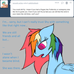 Size: 500x500 | Tagged: safe, rainbow dash, pegasus, pony, g4, ask, askblinddash, bust, dialogue, female, implied fluttershy, looking down, mare, profile, solo