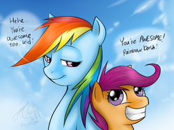 Size: 1024x768 | Tagged: safe, artist:cat-cly, rainbow dash, scootaloo, pegasus, pony, g4, cloud, dialogue, duo, female, filly, foal, grin, mare, scootalove, signature, sky, smiling, talking