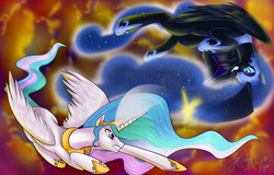 Size: 1800x1150 | Tagged: safe, artist:cat-cly, nightmare moon, princess celestia, pony, g4, duo, fight