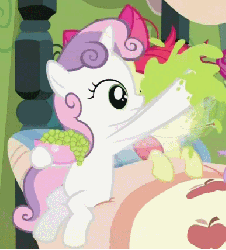 Size: 387x428 | Tagged: safe, screencap, apple bloom, sweetie belle, earth pony, pony, unicorn, family appreciation day, g4, season 2, animated, blinking, bowl, female, filly, food, gif, grapes, messy