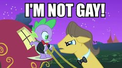 Size: 600x338 | Tagged: safe, edit, edited screencap, screencap, caramel, spike, dragon, earth pony, pony, g4, season 1, the best night ever, apple carriage, bowtie, caption, carriage, clothes, duo, duo male, image macro, male, stallion, tuxedo