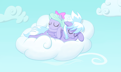 Size: 2500x1500 | Tagged: safe, artist:hunnel, cloudchaser, flitter, pegasus, pony, g4, bow, cloud, duo, duo female, eyes closed, female, floppy ears, hair bow, lying on top of someone, mare, prone, sky, sleeping, vector