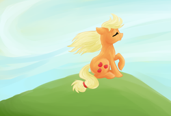 Size: 900x607 | Tagged: safe, artist:bux, applejack, earth pony, pony, g4, eyes closed, female, hill, mare, raised hoof, sitting, solo, windswept mane