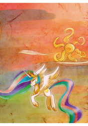 Size: 634x900 | Tagged: safe, artist:sunstice, princess celestia, alicorn, pony, g4, crown, eyes closed, female, flying, hoof shoes, jewelry, mare, regalia, spread wings, wings