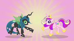 Size: 1200x675 | Tagged: safe, artist:pixelkitties, princess cadance, queen chrysalis, changeling, changeling queen, cupcakes hd, g4, cute, cutealis, dancing, female, hair over one eye, looking at you, this will not end well