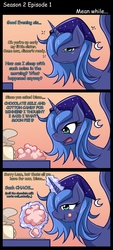 Size: 659x1456 | Tagged: safe, artist:jinzhan, princess celestia, princess luna, pony, g4, my little pony: friendship is magic, the return of harmony, chocolate, chocolate milk, comic, cotton candy, female, hat, mare, milk, morning ponies, nightcap, s1 luna