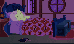 Size: 604x360 | Tagged: safe, screencap, fluttershy, pony, g4, season 2, the super speedy cider squeezy 6000, animated, bed, cropped, female, fluttershy's cottage, loop, lying down, night, on back, sleeping, solo