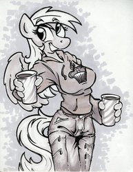 Size: 786x1017 | Tagged: safe, artist:trollie trollenberg, derpy hooves, anthro, g4, female, monochrome, muffin, solo