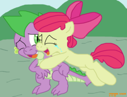 Size: 1292x990 | Tagged: safe, artist:tagman007, apple bloom, spike, dragon, earth pony, pony, dragon quest, g4, alternate ending, blank flank, crying, female, filly, hug, jumping, male, ship:spikebloom, shipping, straight, tears of joy