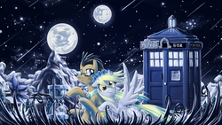 Size: 1280x720 | Tagged: safe, artist:saturnspace, derpy hooves, doctor whooves, time turner, earth pony, pegasus, pony, crossover, doctor who, doctorderpy, female, glasses, hourglass, male, mare, moon, necktie, night, shipping, straight, tardis, the doctor