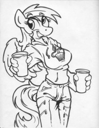 Size: 850x1100 | Tagged: safe, artist:trollie trollenberg, derpy hooves, anthro, g4, female, monochrome, muffin, solo