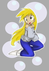 Size: 725x1035 | Tagged: safe, artist:bleedman, artist:cammandude, derpy hooves, human, g4, bubble, clothes, cutie mark background, female, humanized, solo