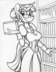 Size: 786x1017 | Tagged: safe, artist:trollie trollenberg, twilight sparkle, anthro, g4, book, clothes, curvy, dress, female, glasses, library, monochrome, solo