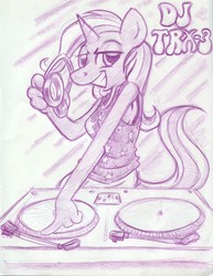 Size: 850x1100 | Tagged: safe, artist:trollie trollenberg, trixie, anthro, g4, female, monochrome, solo, traditional art, turntable