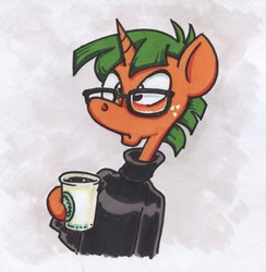 Size: 464x475 | Tagged: safe, artist:trollie trollenberg, snails, anthro, g4, coffee, coffee cup, cup, glasses, hipster, male, solo, traditional art